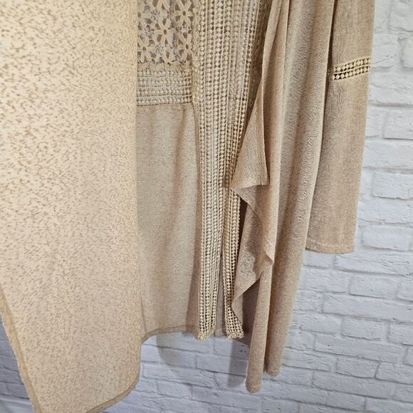 M Andree by Unit Oatmeal Cream Tan Open Front Long Cardigan Duster M Floral Lace - Picture 4 of 11